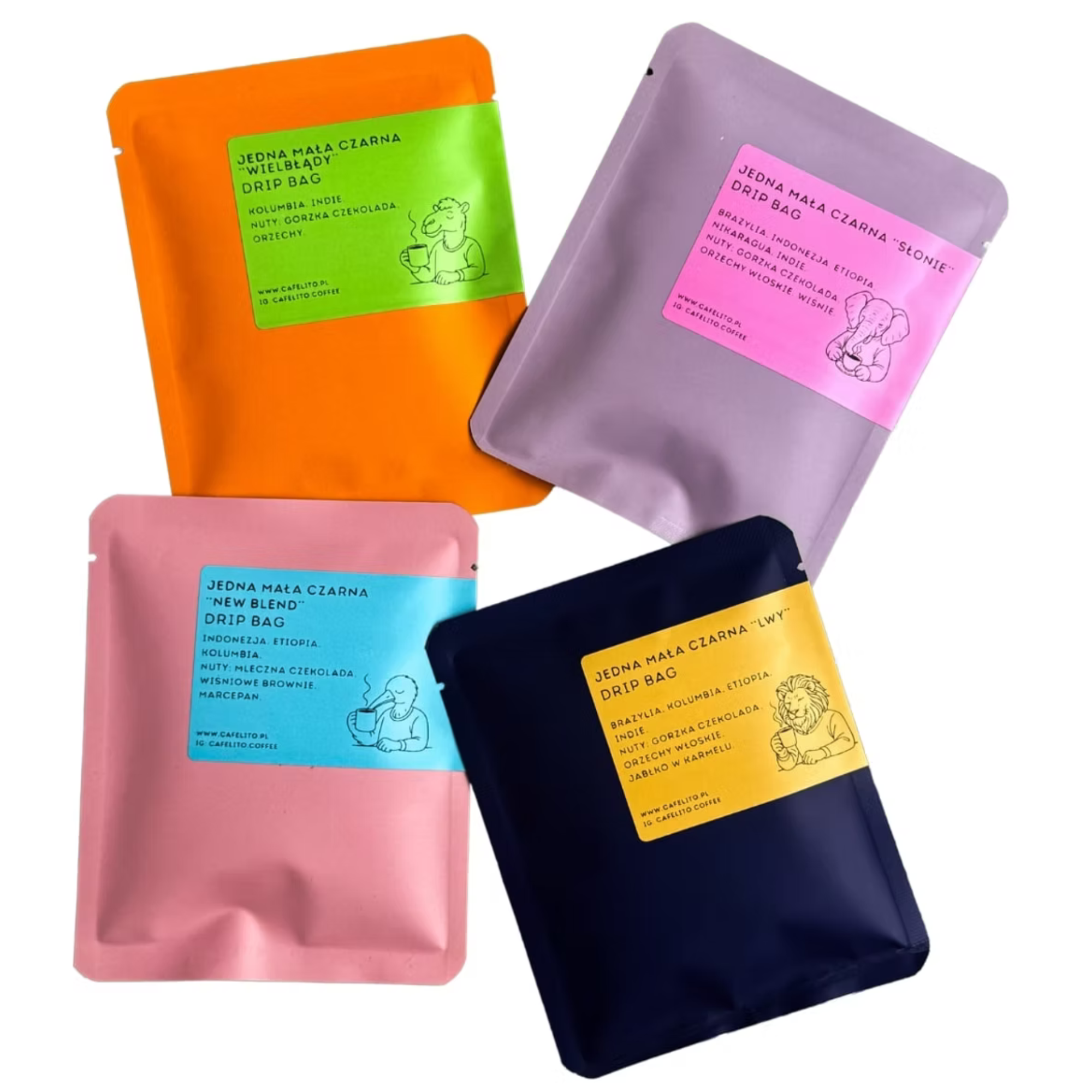 Zestaw 4 drip bagów: Wielbłąd, Słoń, Lew i New Blend